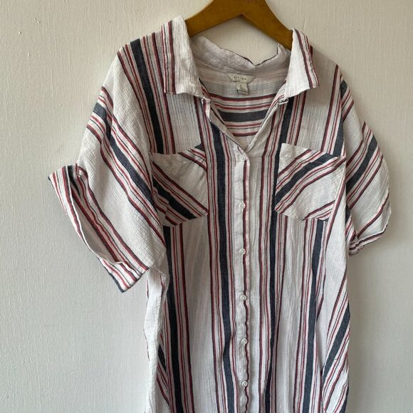 Cest 1946 Blouse Womens Large Striped Button Front Collared Hi Lo Hem Pleated - Picture 2 of 9